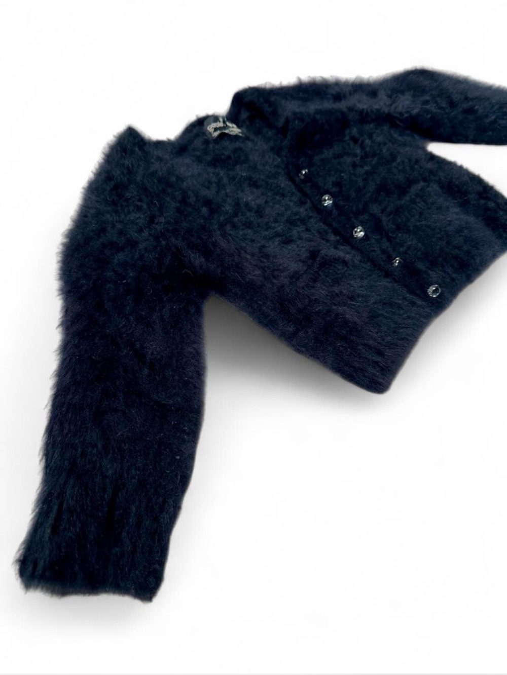 Carole Little Black Angora Fuzzy 90s Cropped Sweater Cardigan